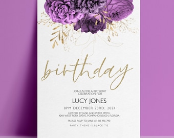 Purple Invitation Editable Floral Birthday Invitation: Vintage Gold Floral Theme, Printable Digital Template (Instant Download, 5x7 Inches)