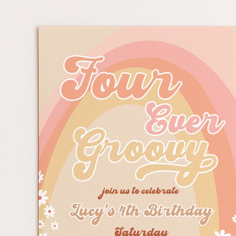Four Ever Groovy Birthday Invitation Template, Editable Digital Invite ...