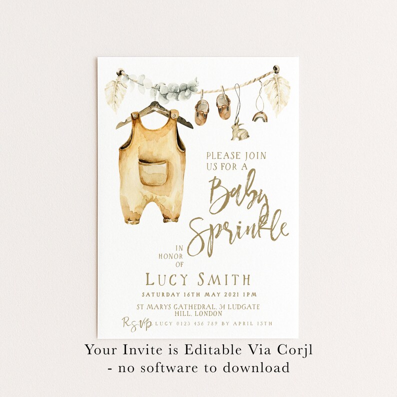 May include: A baby shower invitation with watercolor illustrations. The design features a beige overall on a hanger, baby shoes, a rabbit, and a rainbow. The text reads "Baby Sprinkle" and includes event details.