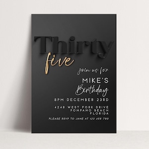 Editable 35th Birthday Invitation for Him – Black and Gold Script Design – Digital Download – Elegant Party Invite Template BG78