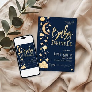 Celestial Baby Sprinkle Invitation Download – Navy and Gold Moon & Stars Editable Digital Baby Shower Invite Template CL09