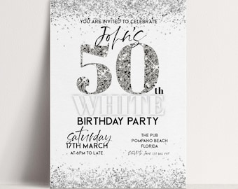 Invito per il 50° compleanno, elegante, bianco, argento e glitter: invito per feste modificabile, celebrazione di un traguardo importante / modello digitale, stampabile 5x7