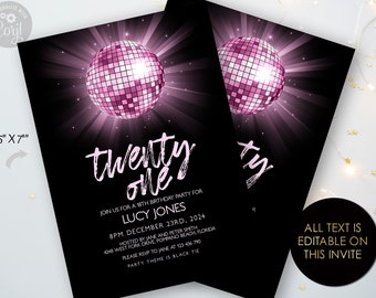 Disco Ball Invitation 21st Pink Birthday Invitation Template All text Editable Any Occasion Any Age Printable Invite Instant download