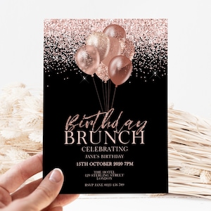 Rosegold Geburtstags-Brunch-Einladung - Elegante Glitzer-Ballon-Party einladen - bearbeitbare und druckbare Vorlage - moderne Feier für Erwachsene