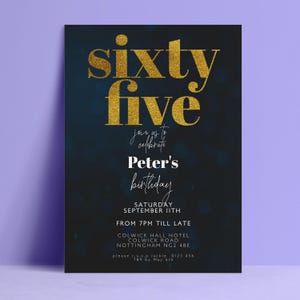 Invito per il 65° compleanno, invito per la festa del 65° compleanno con glitter dorati modificabile, download digitale blu scuro, modello stampabile, elegante