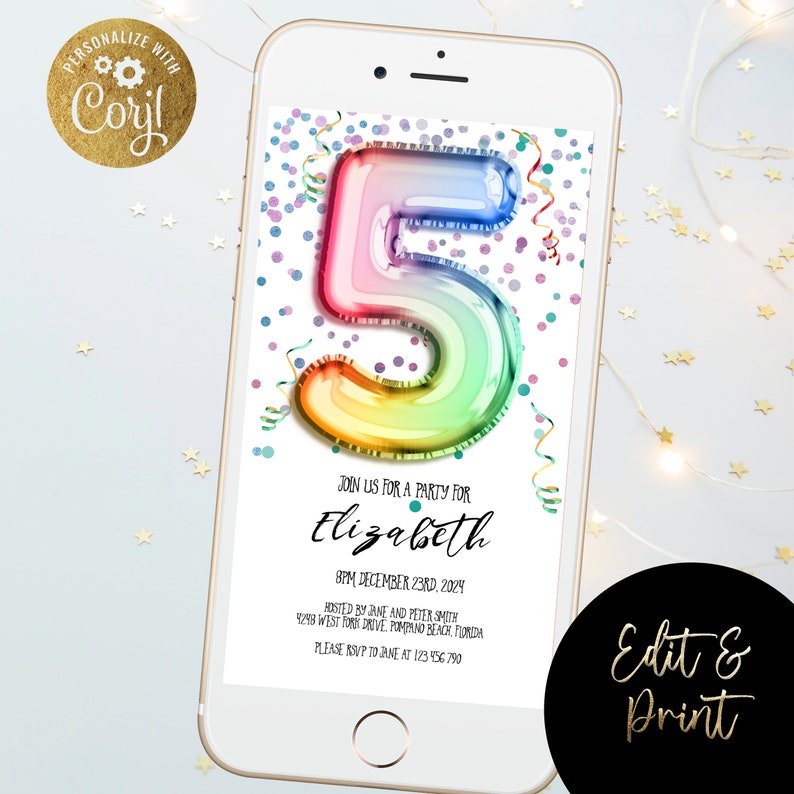 Electronic 5th Birthday Invitation Digital Invitation Rainbow Etsy
