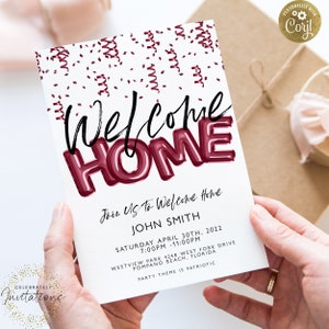 Willkommen zu Hause Partyeinladung - Bearbeitbare Burgunder- und Goldvorlage, Sofort-Download, druckbare Corjl-Einladung, Heimkehrfeier-Design