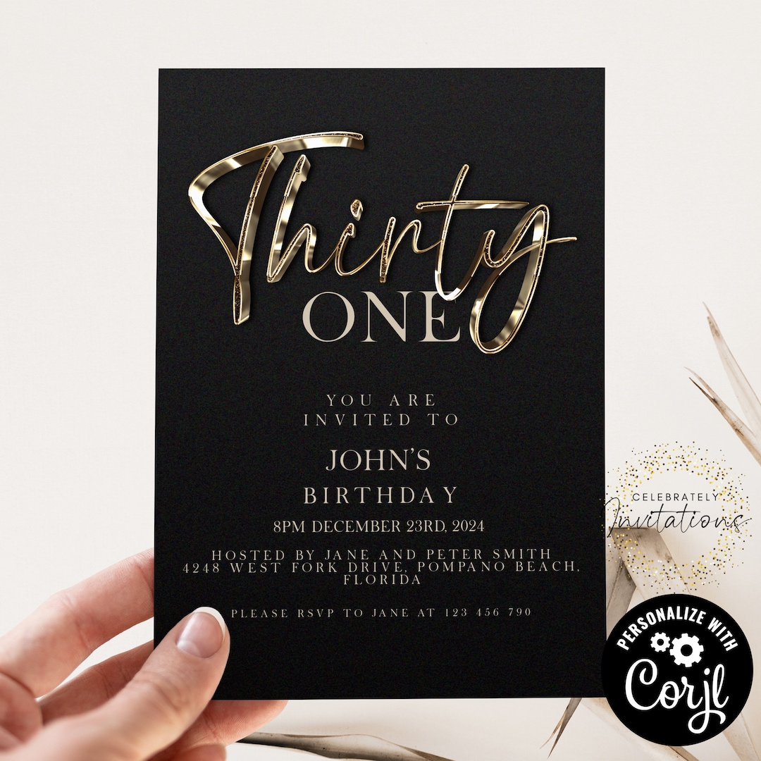 31st Birthday Invitation Editable 30's Invite Black Gold Invitation