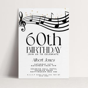 60th Birthday Invite: Elegant Black Gold Music Theme - Editable Corjl Template, Printable Party Invitation, Digital Download