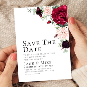 Faites gagner la date florale élégante, modèle modifiable pour le 40e anniversaire de mariage, invitation de célébration rubis numérique, téléchargement immédiat