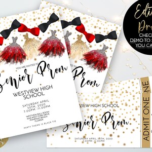 Abschlussball-Einladungen und Tickets Abschlussball-Einladung Gold Rot Schwarz Printable Bearbeitbar Sofort Download