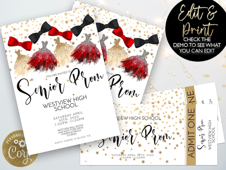Prom Invitations and Tickets Prom Invitation Gold Red Black Etsy