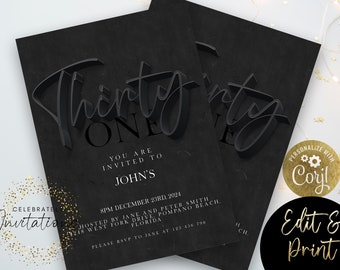 31st Birthday Invitation Editable 31st invite Black invitation Simple Elegant For Him or Her  Instant Download Printable SE19