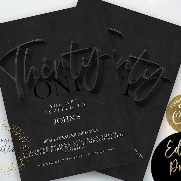 31st Birthday Invitation Editable 31st invite Black invitation Simple Elegant For Him or Her  Instant Download Printable SE19