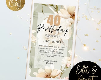40th Birthday invite Electronic Invitation Template Peonies Forty For Her Girl Women Template Corjl Instant Download