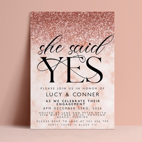 She Said Yes Engagement Invite Template: Rose Gold Editable Design, Printable Format (5x7 Inches, Digital Download)