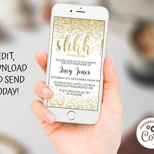 Paperless Digital Surprise Party Invitation Digital Invitation  Editable Shhh its a Surprise mobile phone invite Template SMS Invitation