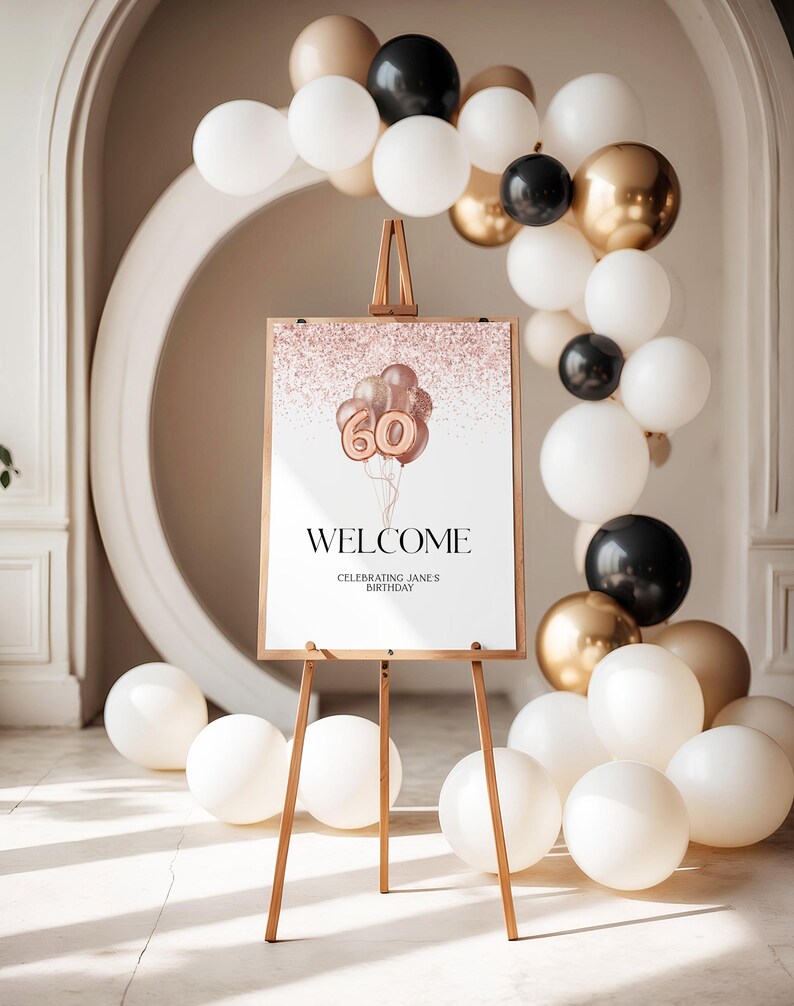 60th Welcome Sign Editable - Rose Gold Birthday Party Decor - Digital ...