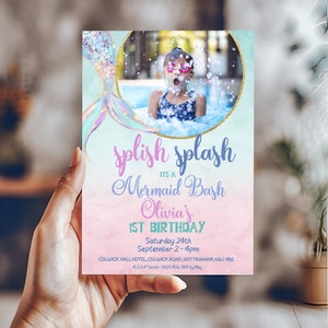 Mermaid Birthday Invitation With Photo, Editable Under the Sea Pool Party Girl Invite, Any Age Printable Template Instant Download MER01