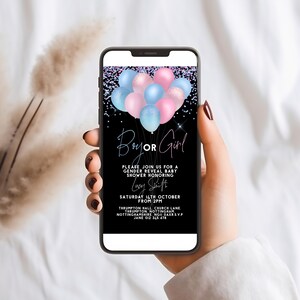 Invitación para revelar el género de tu bebé, digital, editable, con globos de confeti rosa y azul, descarga instantánea para fiesta de niño o niña.