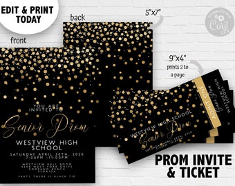May include: A black and gold Senior Prom invitation and ticket set. The invitation is 12.7cm x 17.8cm with gold confetti and text. The ticket is 22.9cm x 10.2cm and prints two per page. The text reads "Senior Prom" and "Westview High School".