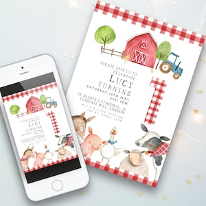 EDITABLE Farm Birthday Invitation, Barn Animals Party Invite Template Ranch Kids 1st Birthday Red Boy Barnyard Animals Instant Download FM56