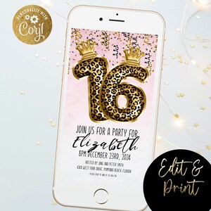 Digital 16th Leopard Print Birthday Party Invitation Digital Invitation Balloon Editable Birthday mobile phone Evite Template SMS Invitation