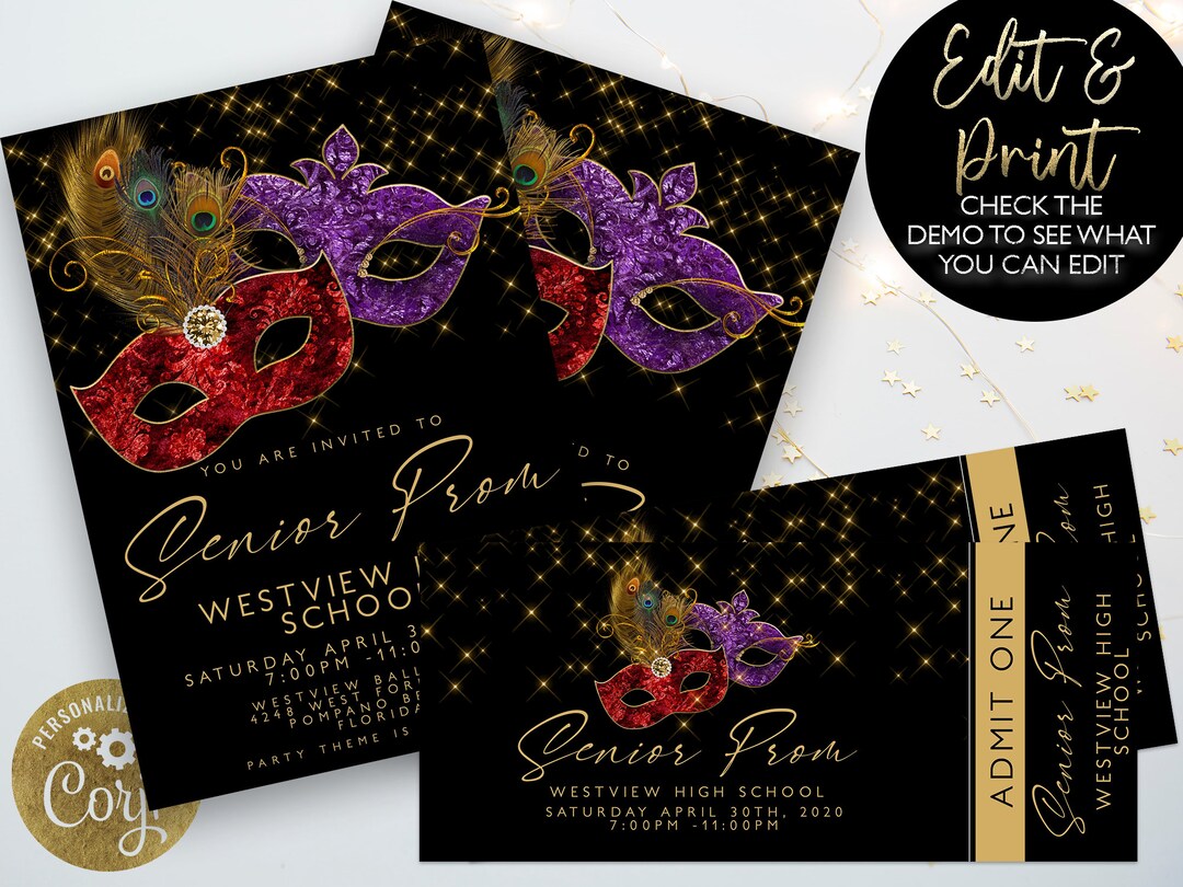 Prom Invitations and Tickets Invitation Masked Prom Masquerade Award