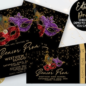 Abschlussball-Einladungen und Tickets Einladung Masked Prom Maskerade Award Night Invite Event Invite Tickets Printable Bearbeitbar Sofort Download