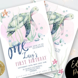 First Birthday Invitation Turtle Sea Life Invite Printable Instant Download Editable digital File  Invitation Corjl Template SL002