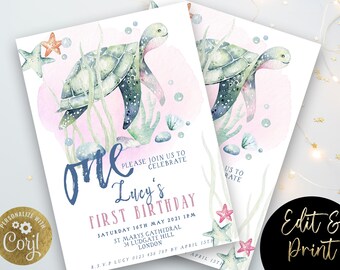 First Birthday Invitation Turtle Sea Life Invite Printable Instant Download Editable digital File  Invitation Corjl Template SL002