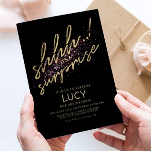 Editable Shhh it&#39;s a Surprise Party Birthday Invitation Gold and Burgundy Surprise Birthday Invitation Surprise Birthday Invitation