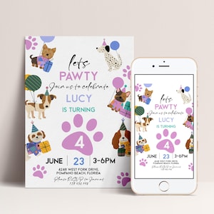 The image is a birthday invitation for a dog-themed party, featuring illustrations of dogs and balloons.