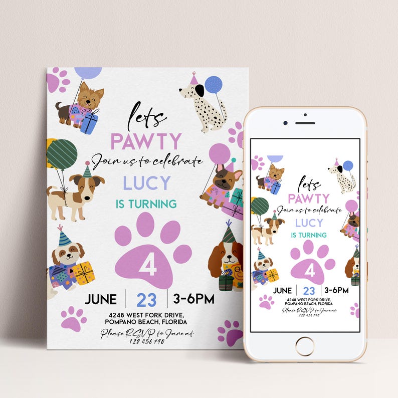 The image is a birthday invitation for a dog-themed party, featuring illustrations of dogs and balloons.