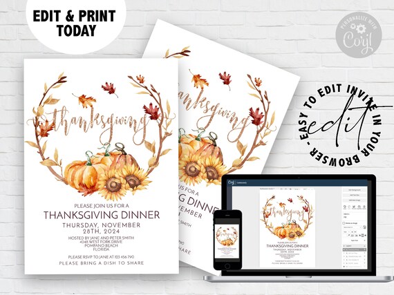 Thanksgiving Invitation Template Pumpkin fall Thanksgiving Invitation Printable Instant Download Editable Template Il_570xn