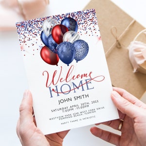 Faire-part militaire de bienvenue à la maison – modèle rouge, blanc et bleu modifiable, téléchargement immédiat, invitation imprimable en corjl, conception patriotique des retrouvailles