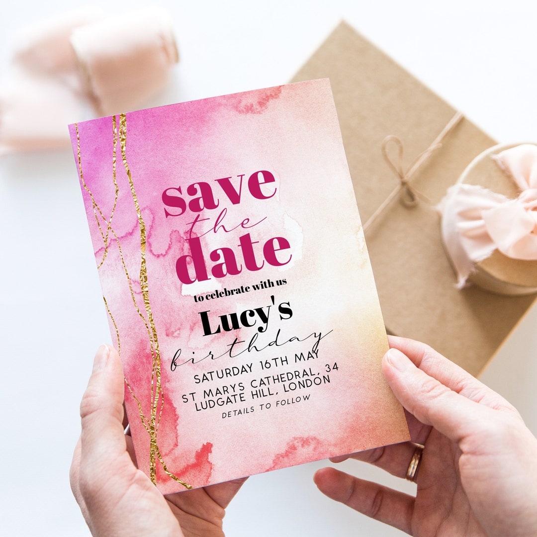 Save the Date Birthday Invitation Template Editable Pink Birthday Party Save the Date Birthday Invitation Template Editable Pink Birthday Party