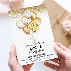 Gold 4th Birthday Invitation Balloon Editable Printable Invite Gold Glitter Instant Download Editable Template Corjl
