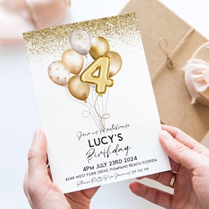 Gold 4th Birthday Invitation Balloon Editable Printable Invite Gold Glitter Instant Download Editable Template Corjl