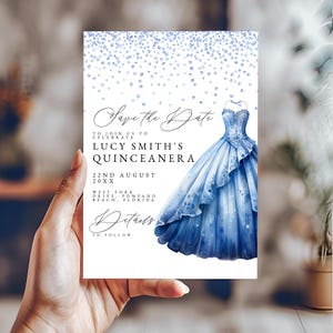 Quinceaňa Save the Date Einladung | Elegantes Blaues Kleid Design | Bearbeitbare Vorlage | Personalisierbare Karte | Sofort Download