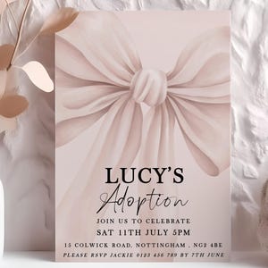 Invitación para fiesta de adopción con lazo rosa, editable e imprimible, plantilla elegante para adopción de niña, descarga instantánea en PDF P21