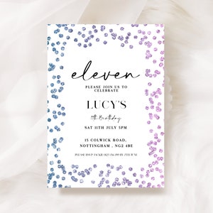 Girl Birthday Invitation Printable 11th Birthday Party For Her Invite Editable Template Pastel Glitter Pink Decor Instant Download Eleven