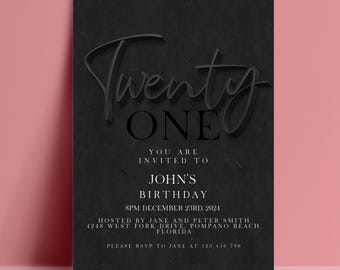 21st Birthday Invitation, Editable All Black Twenty One Party Invite, Minimalist Digital Download, Printable Template, Sleek