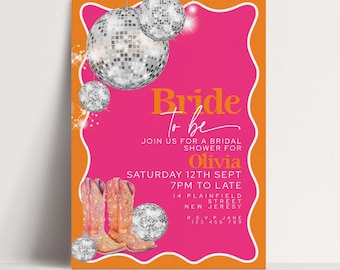 Disco Bridal Shower Invitation Editable Pink and Orange Wave Design with Silver Disco Balls and Cowboy Boots for Hen Do Printable Digital