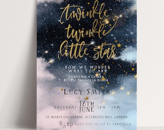 Twinkle Little Star Gender Reveal Invitation: Celestial Theme, Gold Accents - Editable Template, Baby Shower, 5x7