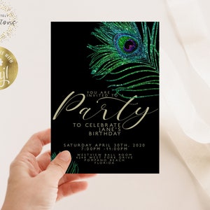 Editable Party Invitations Green Peacock Feather Glitter Invitation Printable Editable Instant Download Template Corjl