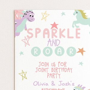 The image is a birthday party invitation featuring a dragon and a unicorn, with the text "SPARKLE AND ROAR" and inviting guests to a joint birthday party.