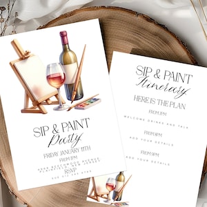 Sip and Paint Party Invitation Editable Corjl Template with Itinerary Card Wine and Canvas Digital Download Adult Birthday Art Party Invite