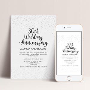 a wedding anniversary invitation for Georgia and Logan, celebrating their 30th wedding anniversary. The invitation is for a special event on Saturday, 16th May, 2020, at St. Mary's Hall in London. The invitation also includes details about the dinner and dancing to follow.