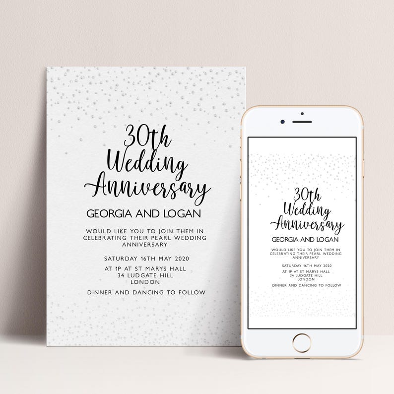 a wedding anniversary invitation for Georgia and Logan, celebrating their 30th wedding anniversary. The invitation is for a special event on Saturday, 16th May, 2020, at St. Mary's Hall in London. The invitation also includes details about the dinner and dancing to follow.